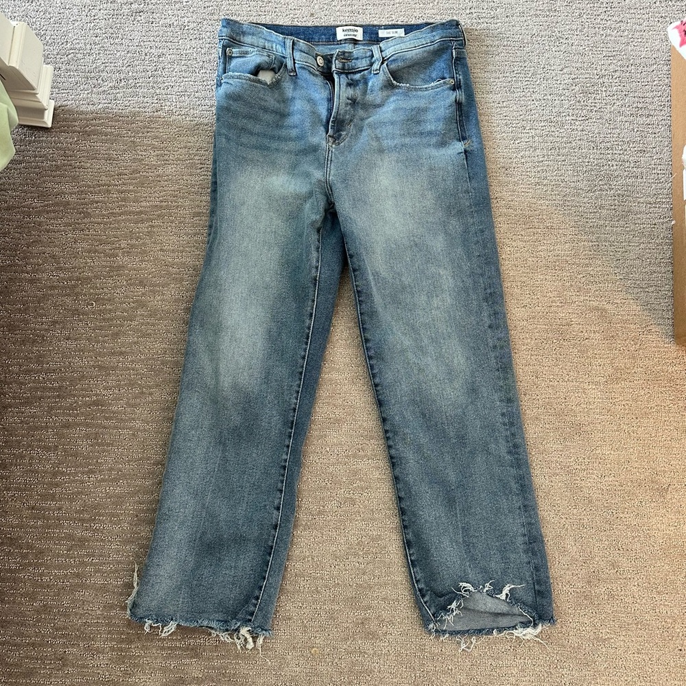 straight leg jeans with distressed ankles